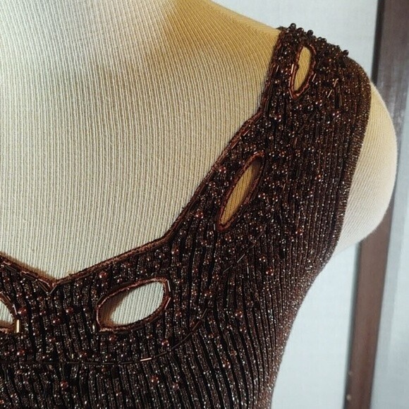 Vintage Cache Brown Sparkly Beaded Top Sz S - Picture 5 of 10